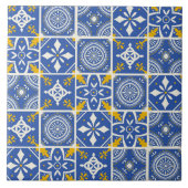 Marokkanisches Muster in Aquamarin Blau, Gelb, Cre Fliese (Vorderseite)