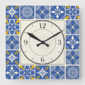 Marokkanisches Muster in Aquamarin Blau, Gelb, Cre Quadratische Wanduhr (Vorderseite)