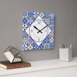 marokkanisches Muster in Aquamarinem, gelben Creme Quadratische Wanduhr
