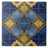 marokkanisches Muster Quatrefoils Blau und Gold Fliese (Vorderseite)