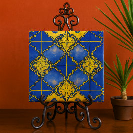 marokkanisches Muster Quatrefoils Blau und Gold Fliese