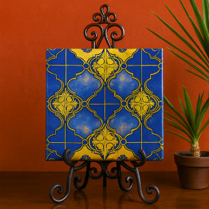 marokkanisches Muster Quatrefoils Blau und Gold Fliese