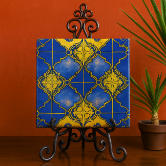 marokkanisches Muster Quatrefoils Blau und Gold Fliese