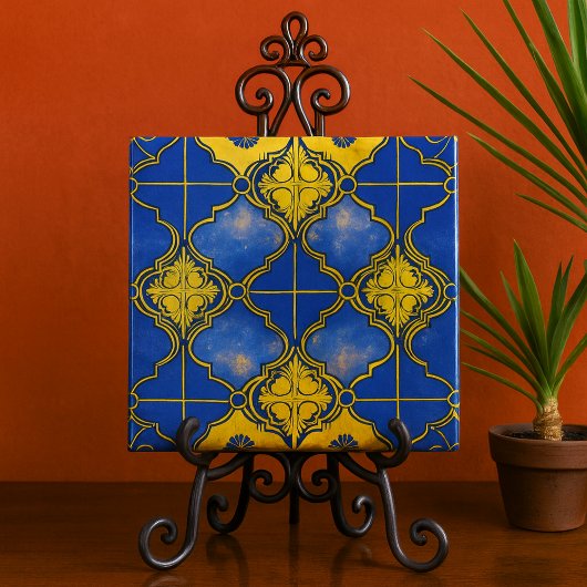 marokkanisches Muster Quatrefoils Blau und Gold Fliese