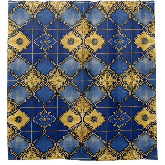 marokkanisches Muster Quatrefoils Cobalt Blue Gold Duschvorhang (Vorderseite)