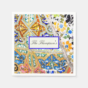 Marokko Mosaik Blau Orange Schwarzes Blumenmuster Serviette