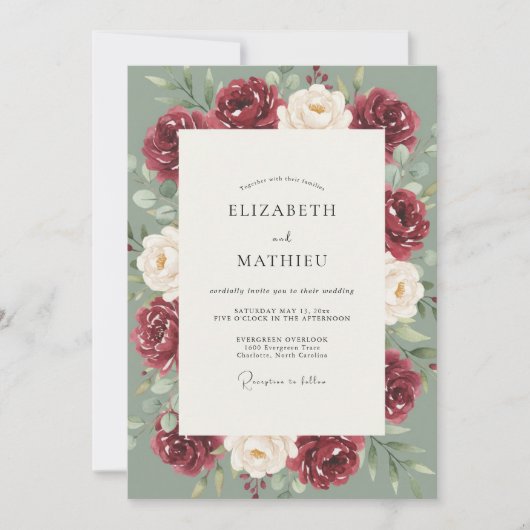 Marone Celadon Gemalte Hochzeit Einladung (Vorderseite)