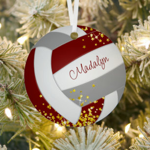 Maronenvolleyball mit winzigen goldenen Sternen Ornament Aus Metall
