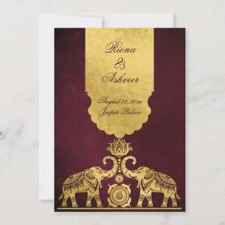 Maroon and gold elephants luxury Indian wedding  Einladung