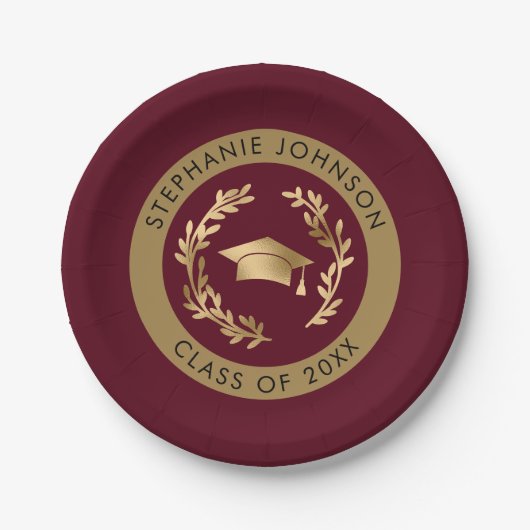 Maroon and Gold Grad Cap Class of 20XX Party Pappteller (Vorderseite)