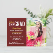 Maroon and Gold Graduation Party Foto Einladung (Stehend Vorderseite)