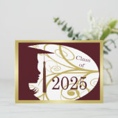 Maroon and Gold Silhouette 2025 Graduation Party Einladung (Stehend Vorderseite)