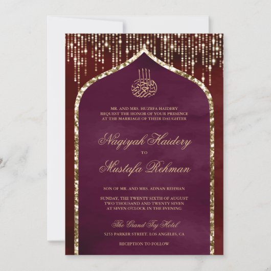 Maroon and Plum Gold Glitzer Arch Muslim Wedding Einladung (Vorderseite)