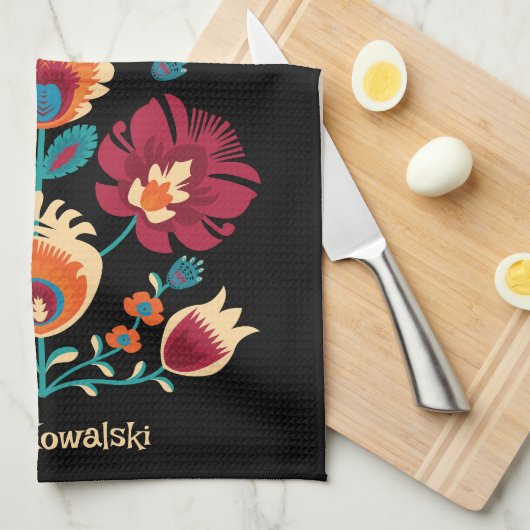 Maroon, aquamarin und pastellgelb Folk Wycinanki Geschirrtuch (Viertel Falte)