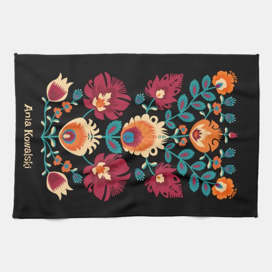 Maroon, aquamarin und pastellgelb Folk Wycinanki Geschirrtuch (Horizontal)