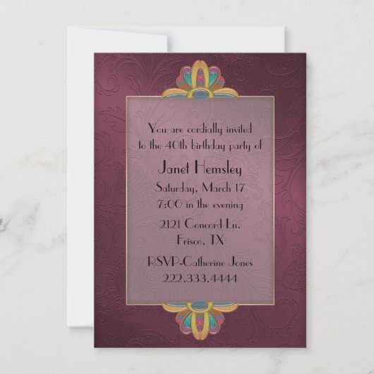 Maroon Art Deco Stil Geburtstagseinladung Einladung (Vorderseite)