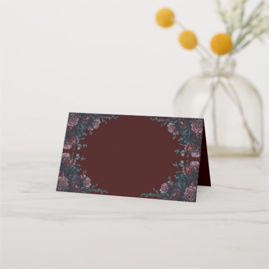 Maroon Autumn Floral Wedding Platzkarte (Vorderseite)