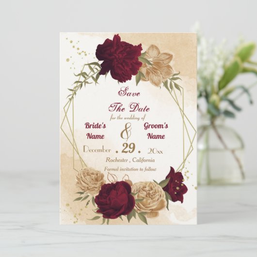 Maroon-Beige Save The Date (Stehend Vorderseite)