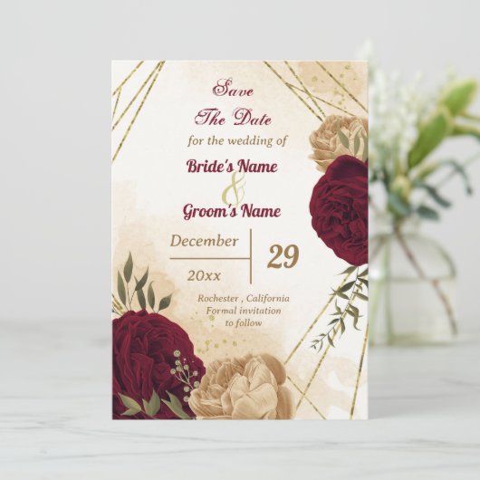 Maroon-Beige Save The Date (Stehend Vorderseite)