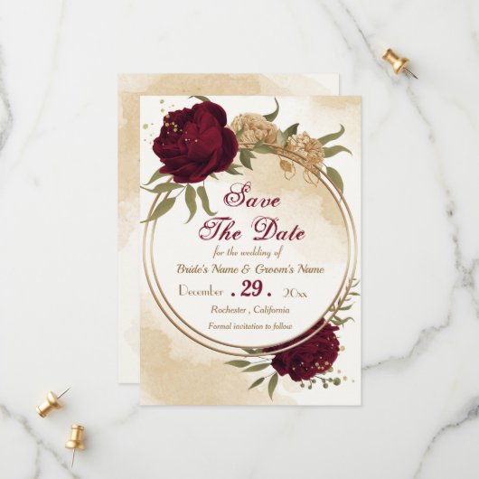 Maroon-Beige Save The Date (Vorderseite/Rückseite Beispiel)