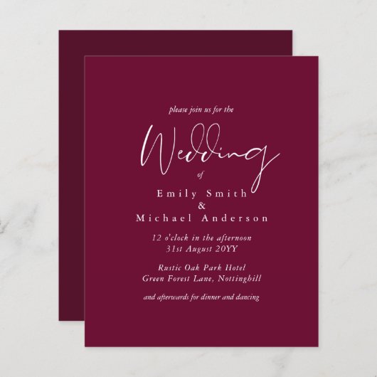 Maroon Berry Script Typografy Budget Wedding (Vorne/Hinten)