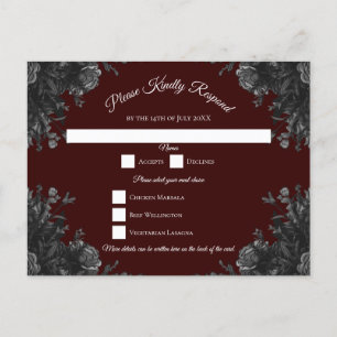 Maroon Black Gray Rose Gothic Wedding RSVP Antwort Feiertagspostkarte