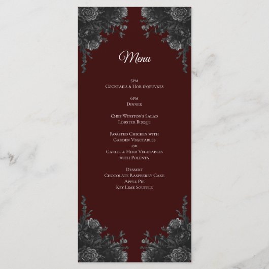 Maroon Black Rose Gothic Wedding Menükarte (Vorderseite)