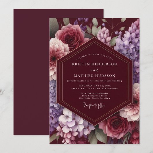 Maroon Bloom Enchantment Wedding Einladung (Vorne/Hinten)