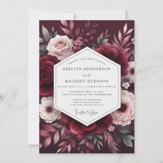Maroon Bloom Romance Hochzeit Einladung (Vorderseite)