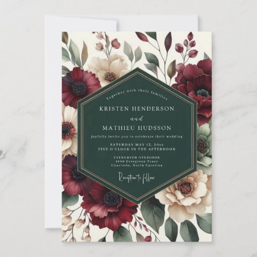 Maroon Bloom Romantische Hochzeit Einladung (Vorderseite)