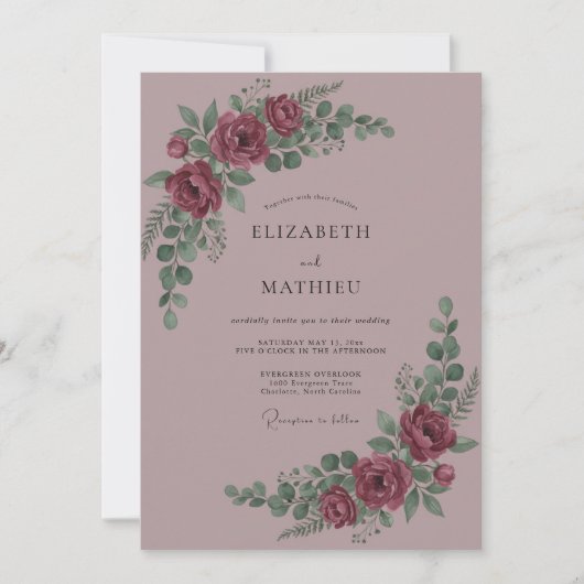 Maroon Bloom Romantische Hochzeit Einladung (Vorderseite)