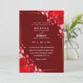 Maroon Blumen und Blätter Elegante Hochzeitskarte Einladung (Stehend Vorderseite)