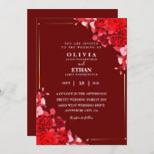 Maroon Blumen und Blätter Elegante Hochzeitskarte Einladung (Vorne/Hinten)