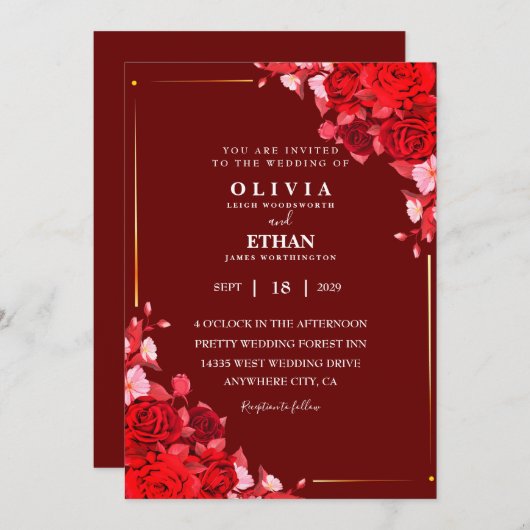 Maroon Blumen und Blätter Elegante Hochzeitskarte Einladung (Vorne/Hinten)