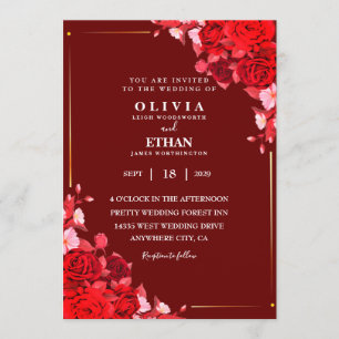Maroon Blumen und Blätter Elegante Hochzeitskarte Einladung