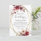 Maroon Blush Beige Alte Gold Hochzeit mit Flora Einladung (Stehend Vorderseite)