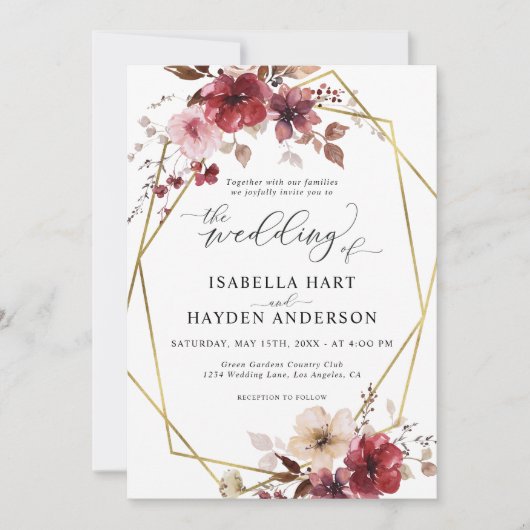 Maroon Blush Beige Blues Gold Frame Wedding Einladung (Vorderseite)
