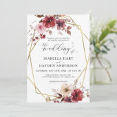 Maroon Blush Beige Blues Gold Frame Wedding Einladung (Stehend Vorderseite)
