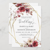 Maroon Blush Beige Blues Gold Frame Wedding Einladung (Vorne/Hinten)