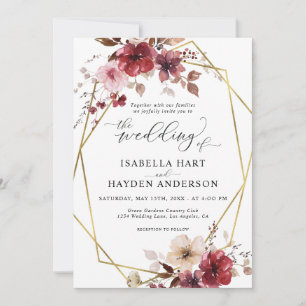 Maroon Blush Beige Blues Gold Frame Wedding Einladung