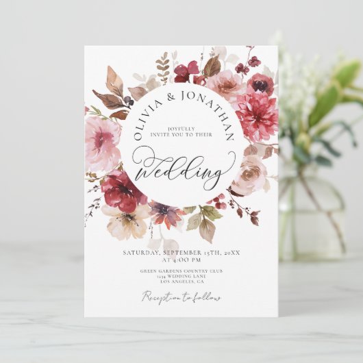 Maroon Blush Fall All in 1 Budget QR Code Hochzeit Einladung (Stehend Vorderseite)