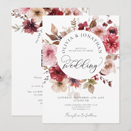 Maroon Blush Fall All in 1 Budget QR Code Hochzeit Einladung (Vorne/Hinten)