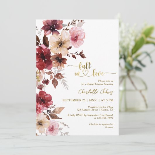 Maroon Blush Fall in Liebe Gold Boho Brautparty Einladung (Stehend Vorderseite)