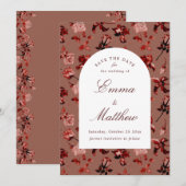 Maroon Boho Botanical Romance QR Save The Date (Vorne/Hinten)