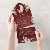 Maroon Boho Burgundy Floral Stars Moon Babydusche All In One Einladung (Abreißen)