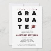 Maroon Bold GRADUATE Letters and Cap Abschluss Einladung (Vorderseite)