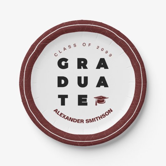 Maroon Bold GRADUATE Letters and Cap Abschluss Pappteller (Vorderseite)