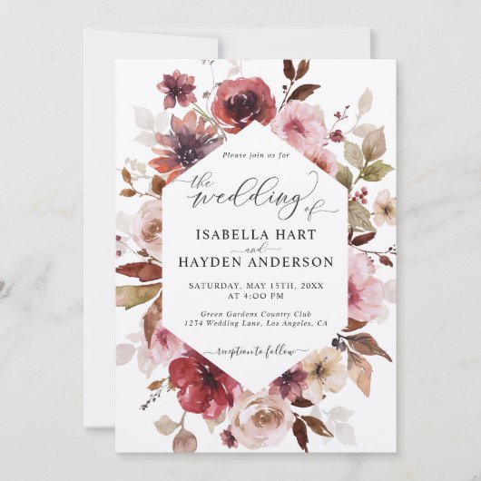 Maroon Brown Blush Pink Alle in 1 QR Code Hochzeit Einladung (Vorderseite)