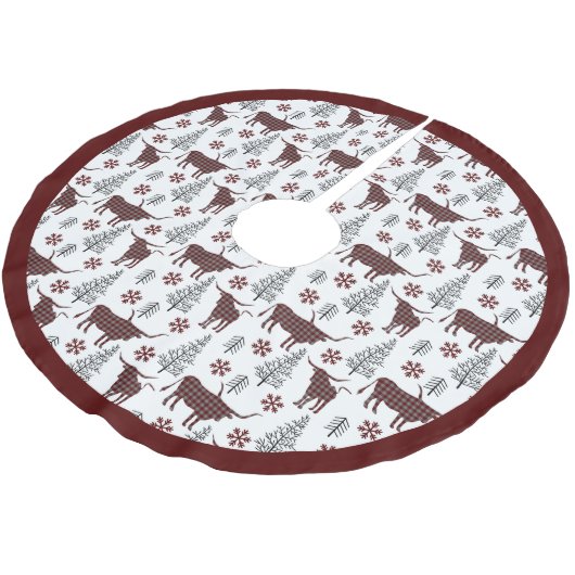 Maroon Buffalo Kariertes länghorn Muster Polyester Weihnachtsbaumdecke (Schrägansicht)