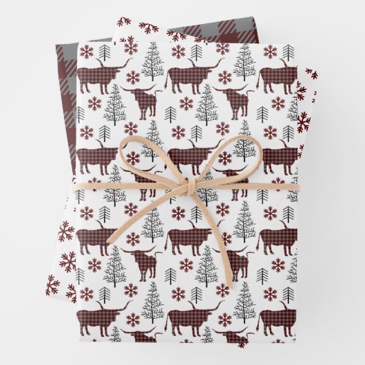 Maroon Buffalo Plaid Longhorn Pattern Geschenkpapier Set (Beispiel)